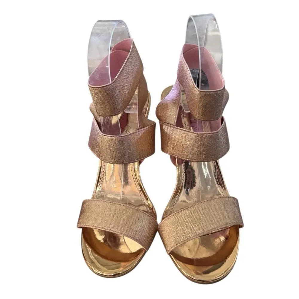 New Lauren Lorraine “Dallas” Shimmering Rose Gold Stiletto Sandals 7